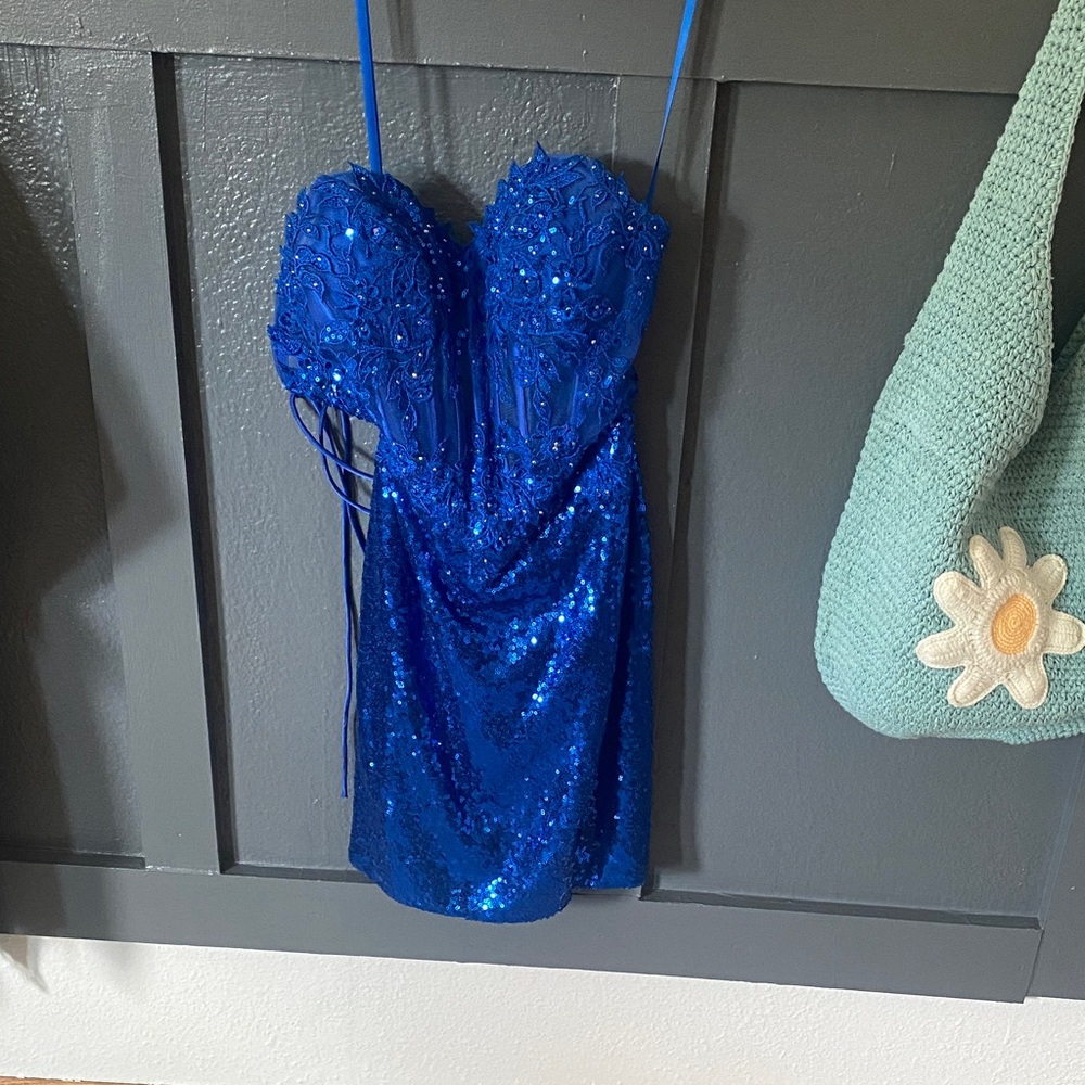 NUX Strapless Blue Sequin Dress